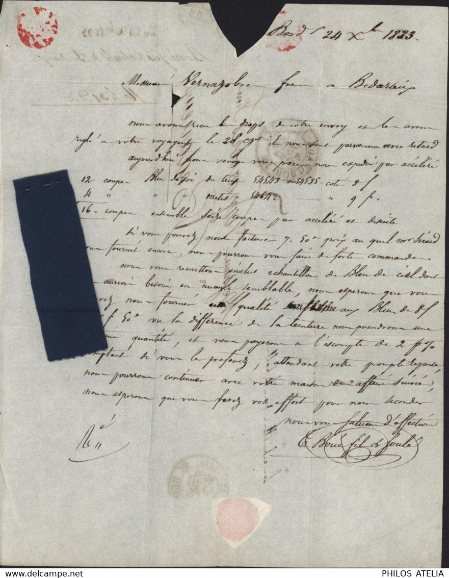 échantillons Tissus Bleu De Cial CAD T12 Bordeaux (32) 24 DEC 1833 Taxe Manuscrite 7 Arrivée Bédarieux - 1801-1848: Vorläufer XIX