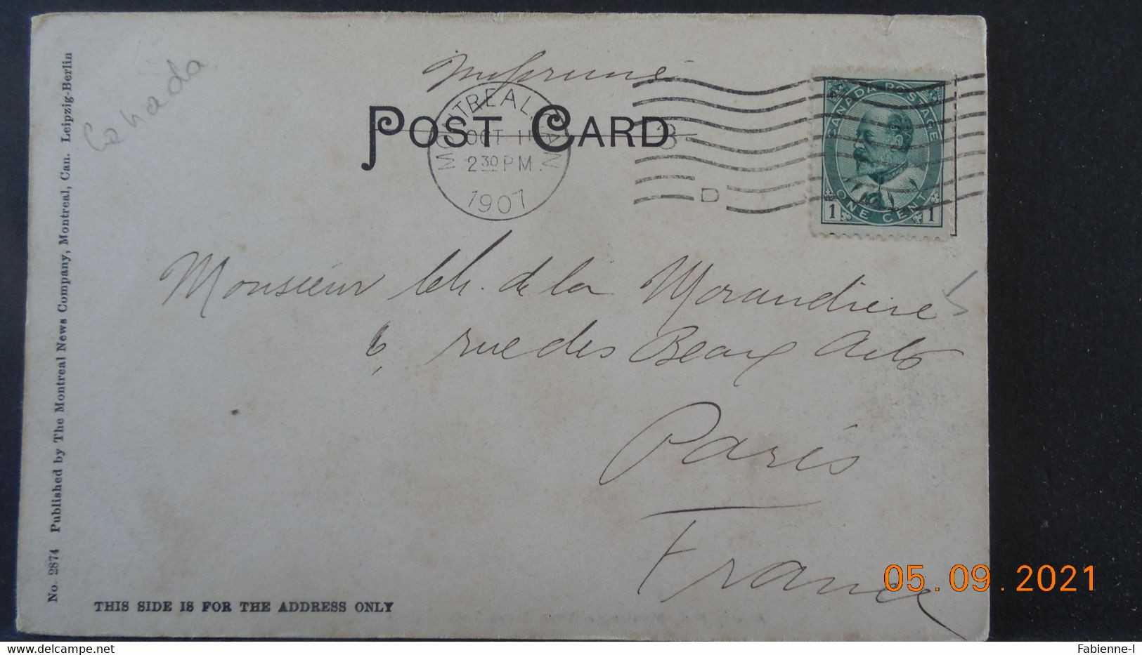 Carte Ancienne Du Canada De 1907 à Destination De Paris ( Cachet Intéressant) - Lettres & Documents