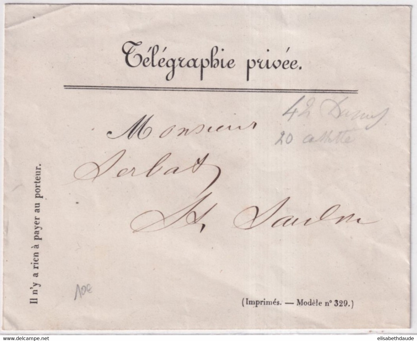 AVANT 1900 - ENVELOPPE TELEGRAPHIE PRIVEE DIRECTION De VALENCIENNES (NORD) - Telegraphie Und Telefon