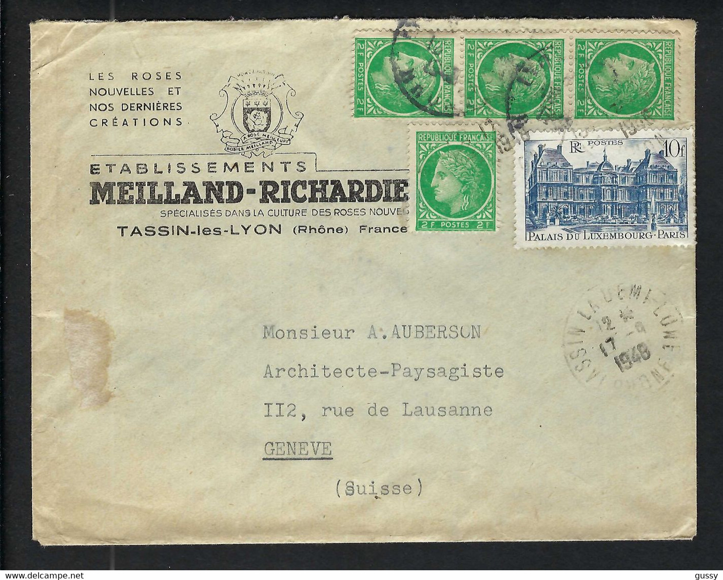 FRANCE 1949: LSC  De Tassin-les-Lyon Pour Genève Affr. à 18F - Covers & Documents