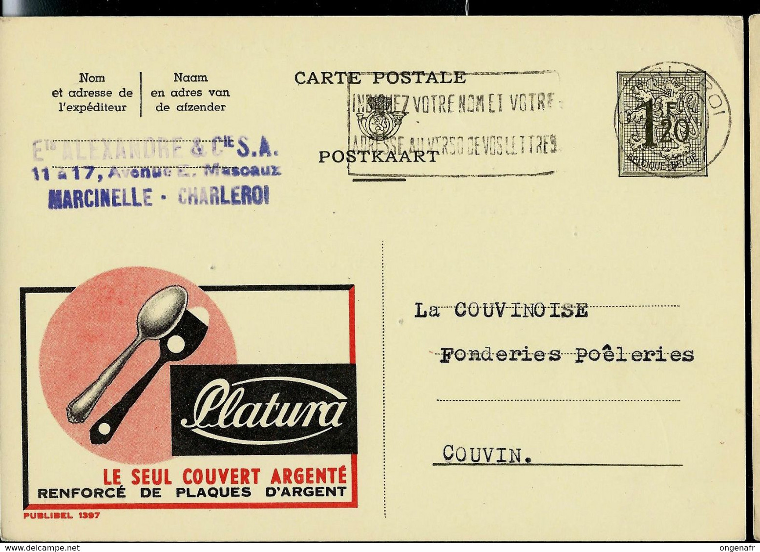 Publibel Obl. N° 1397 ( Couvert En Argent - PLATURA) Obl. CHARLEROI 1956 - Publibels