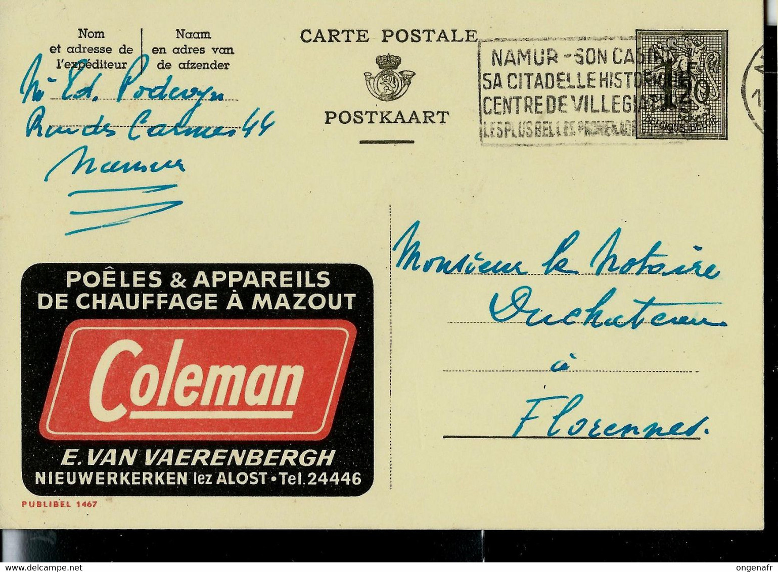 Publibel Obl. N° 1467 ( Poêles Et Appareils De Chauffage à Mazout - Fuel - COLEMAN) Obl. Namur 1957 - Publibels