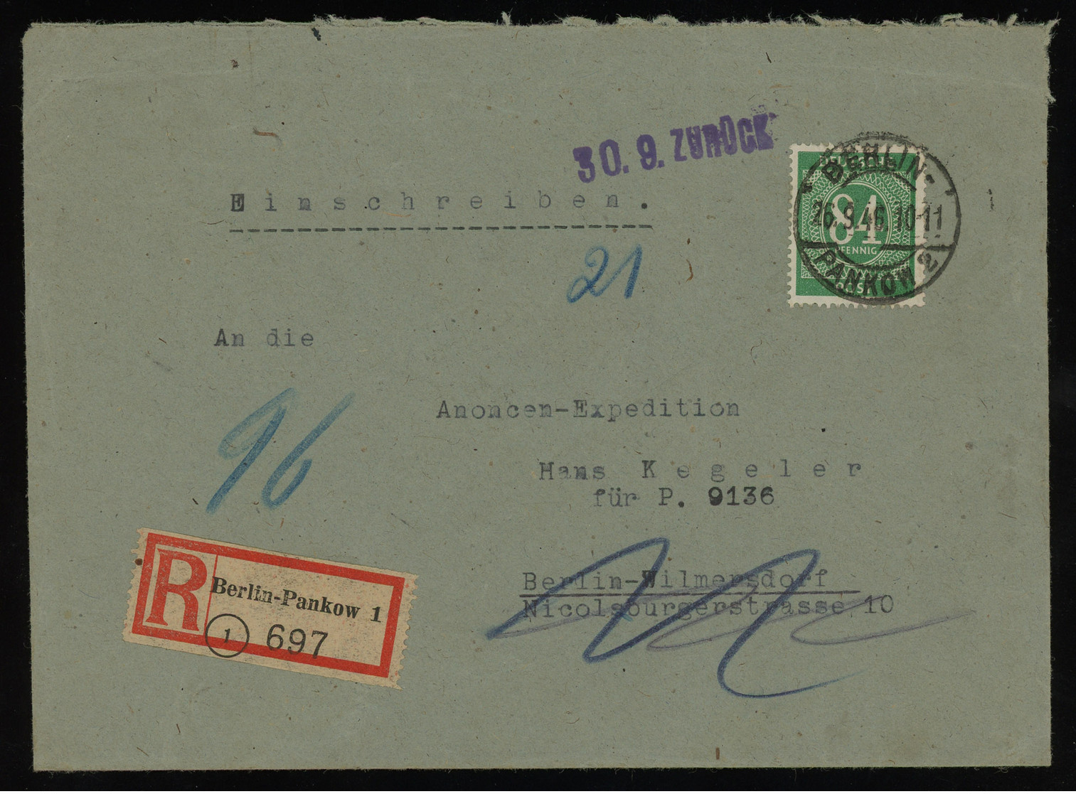 TREASURE HUNT [01197] Allied Occupation 1946 Reg. Cover Sent Within Berlin, Returned, Bearing 84 Pf Green - Altri & Non Classificati