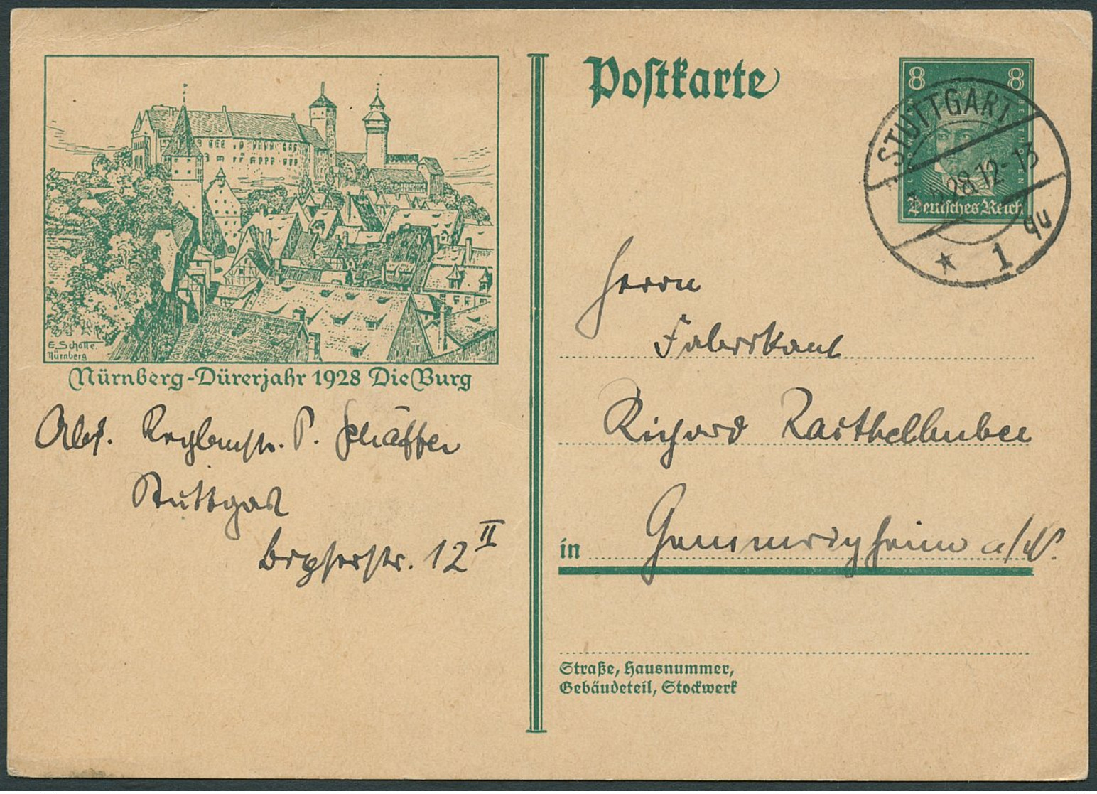 DR.REICH 1928, GS-P 178, BILD 18, ABB. NÜRNBERG, BURG, STPL STUTTGART, TOPP! - Cartas & Documentos