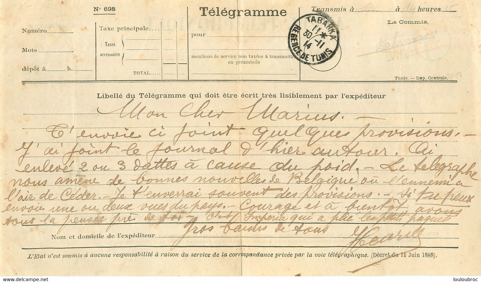 TELEGRAMME AVEC CACHET 11/1914 TABARKA REGENCE DE TUNIS  CITE LES ALLEMANDS EN BELGIQUE - Guerre De 1914-18