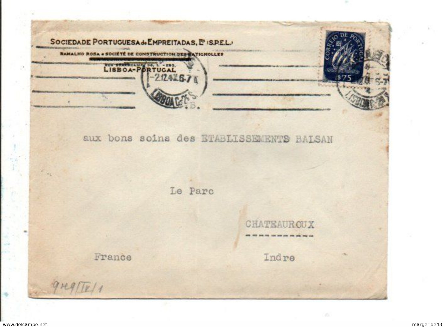 PORTUGAL SEUL SUR LETTRE A EN TETE POUR LA FRANCE OUVERTE PAR LA CENSURE ALLEMANDE 1942 - Brieven En Documenten