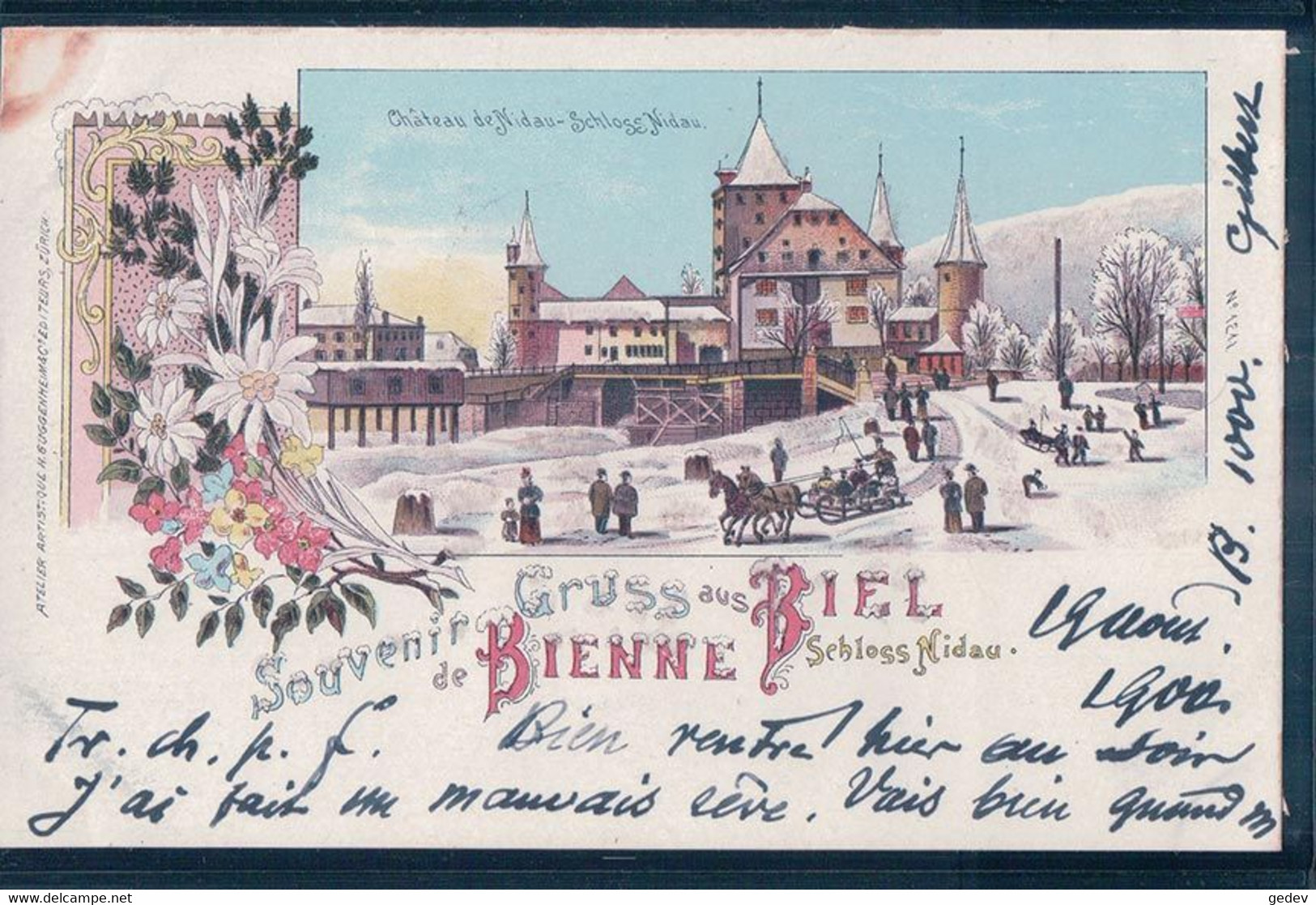 Gruss Aus Biel, Schloss Nidau, Bienne Sous La Neige, Litho (20.8.1900) Timbre Arraché - Bienne