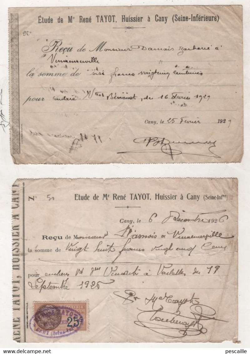 76 SEINE MARITIME - LOT DE 2 RECUS DE Me RENE TAYOT HUISSIER à CANY ( Barville ) - 1926 & 1929 - Bank & Insurance