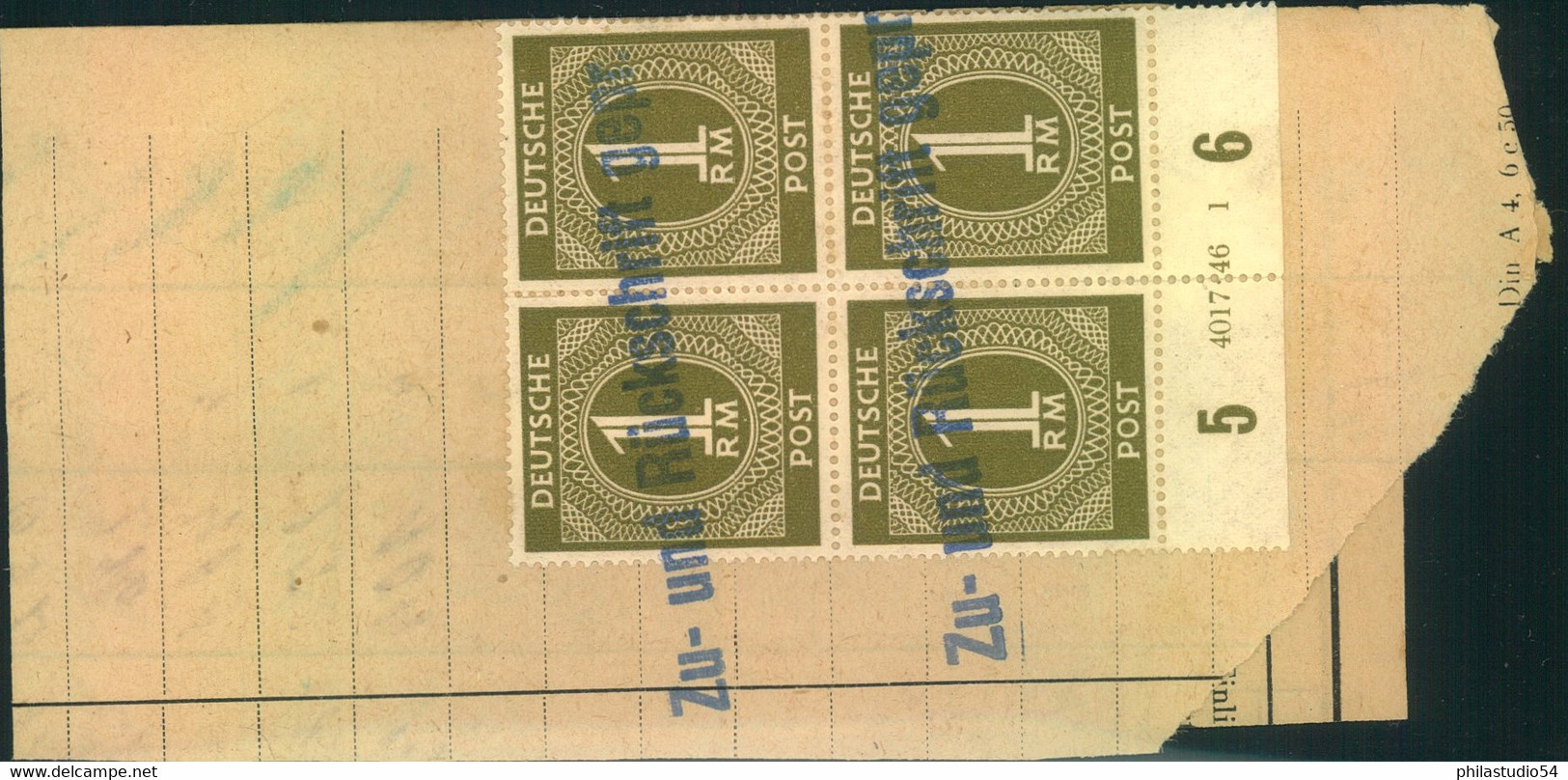 1946, 1 Mark Ziffer Im Viererblock Mit HAN 4017 46 1 Mit Eigenwilligem Stempel - Altri & Non Classificati