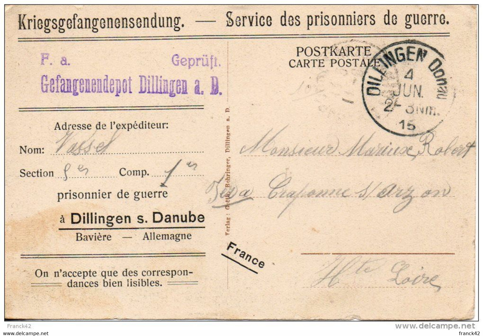 Carte Postale De Dillingen (baviere). Premiere Guerre Mondiale. Service Des Prisonniers De Guerre. 4 Juin 1915 - Dillingen