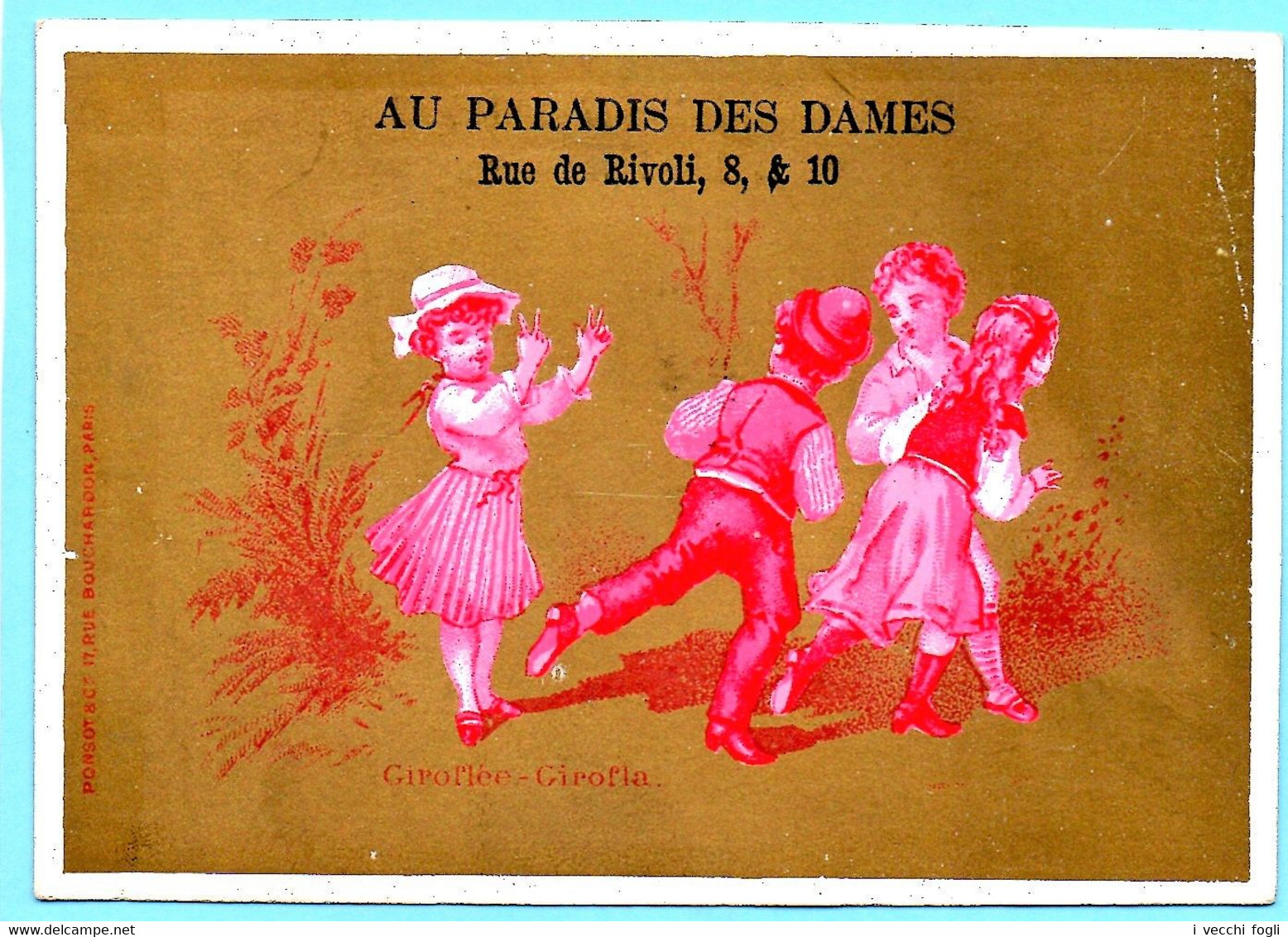 Chromo Au Paradis Des Dames. Calendrier 1878, Ier Semestre. Giroflée-Giroflin. Enfants En Rouge, Fond Doré. Imp. Ponsot - Small : ...-1900