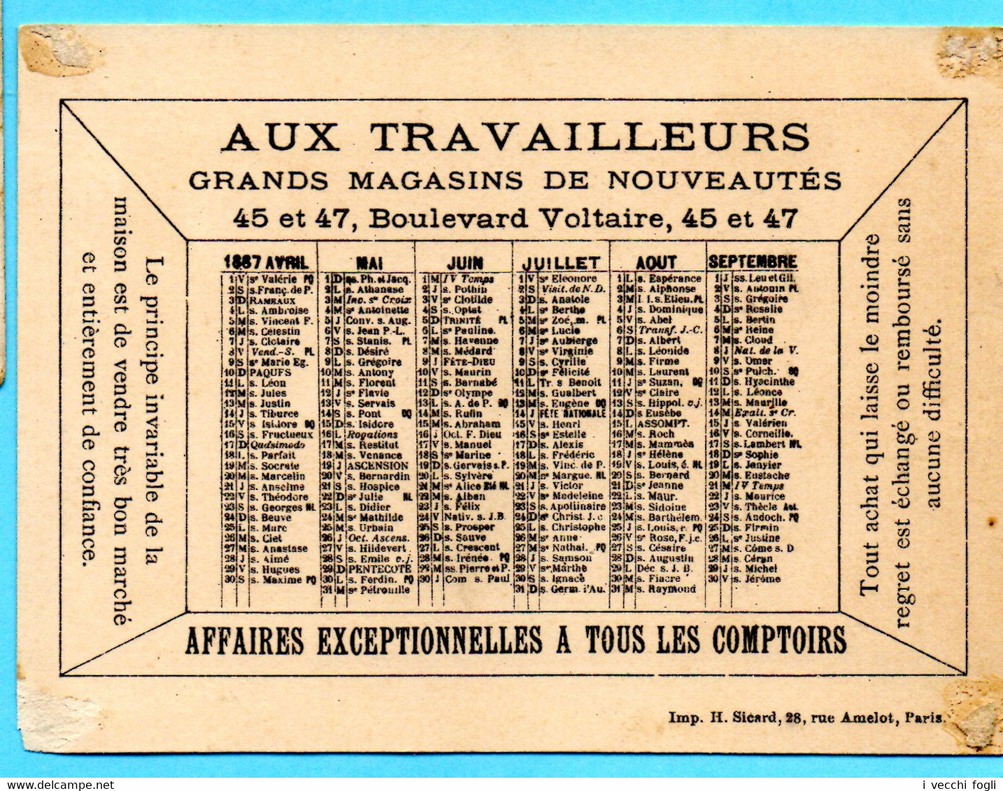 Chromo Gr.s Mag. Aux Travailleurs. Calendrier 1887, Semestre Avril-septembre. La Pipe De Mon Oncle. Imp. Sicard - Formato Piccolo : ...-1900