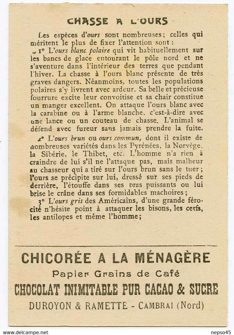 Chromo Duroyon & Ramette.chicorée à La Ménagère.papier Grain De Café.chocolat Pur Cacao & Sucre.chasse à L'ours. - Duroyon & Ramette