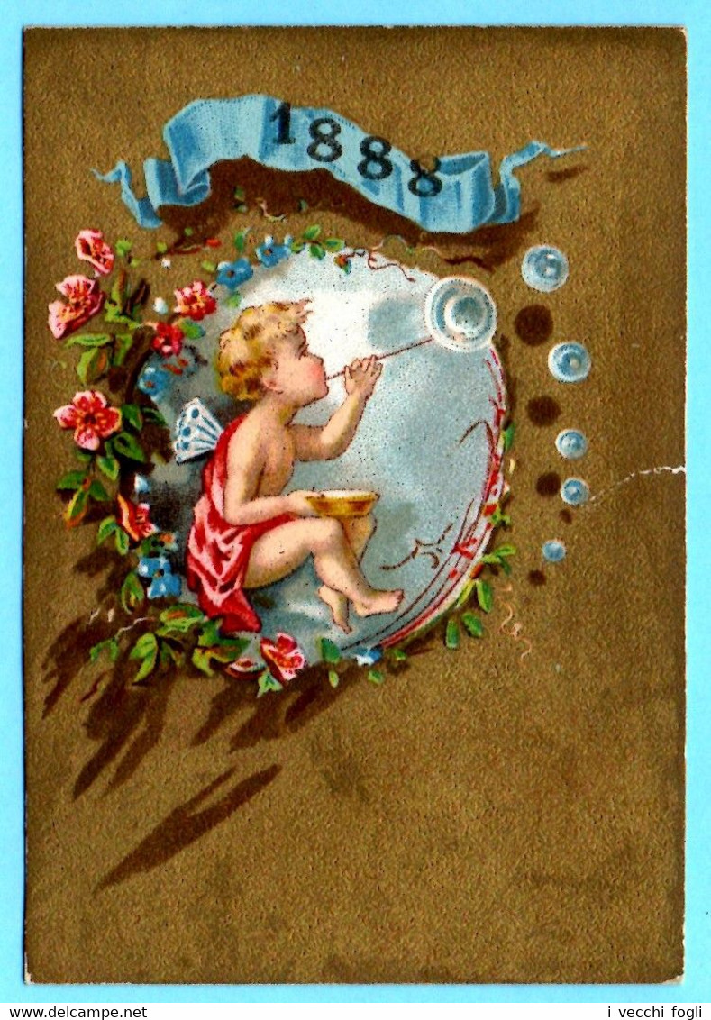 Adorable Petite Chromo Sans Publicité. Calendrier 1888 Premier Semestre. Angelot Faisant Les Boules De Savon. Fond Doré - Small : ...-1900