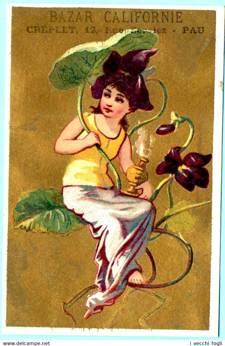 Adorable Chromo Bazar Californie. Calendrier 1883, Année Complète. Fille Assise Sur Des Violettes Géantes. Fond Doré - Petit Format : ...-1900