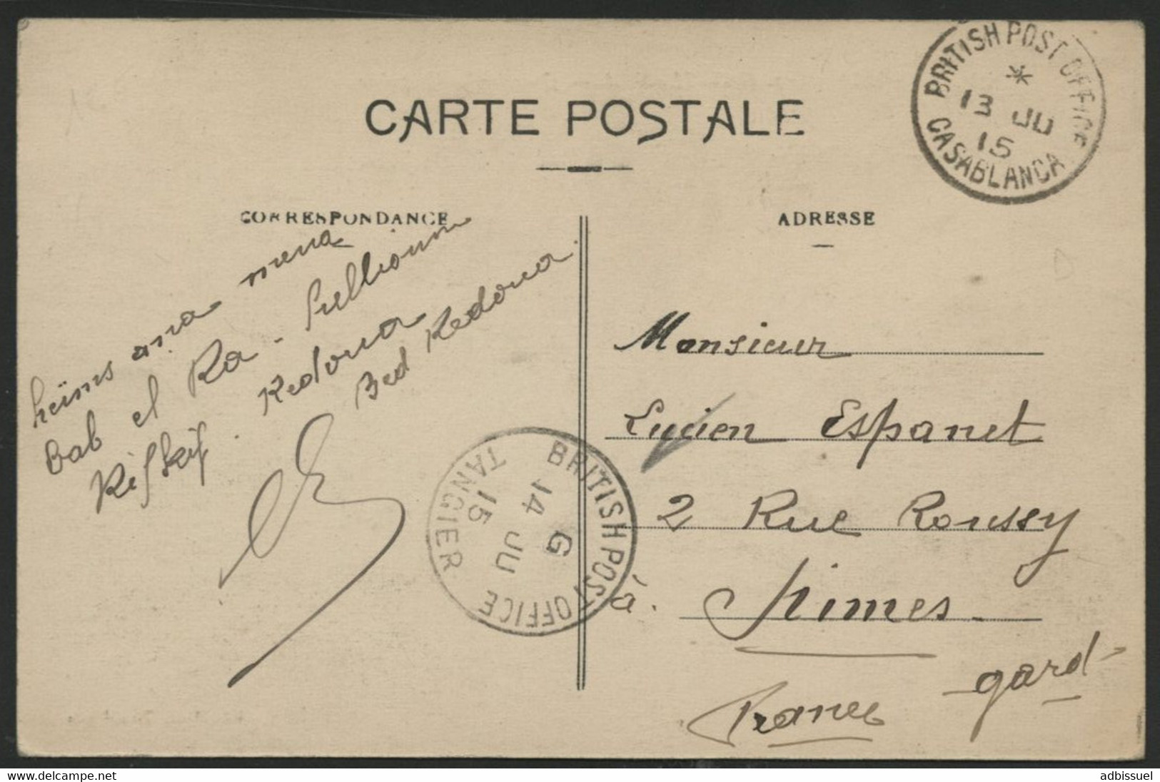 BRITISH POST OFFICE CASABLANCA And TANGIER In 1915, Franchise / Franking On Postcard To France - Oficinas En  Marruecos / Tanger : (...-1958