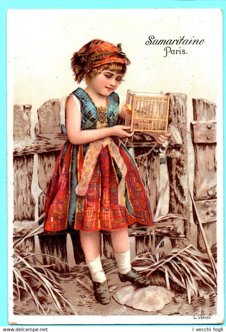 Belle Chromo La Samaritaine. Calendrier 1892, Année Complète. Fillette Avec Un Petit Oiseau Dans La Cage. Imp. Verger - Small : ...-1900