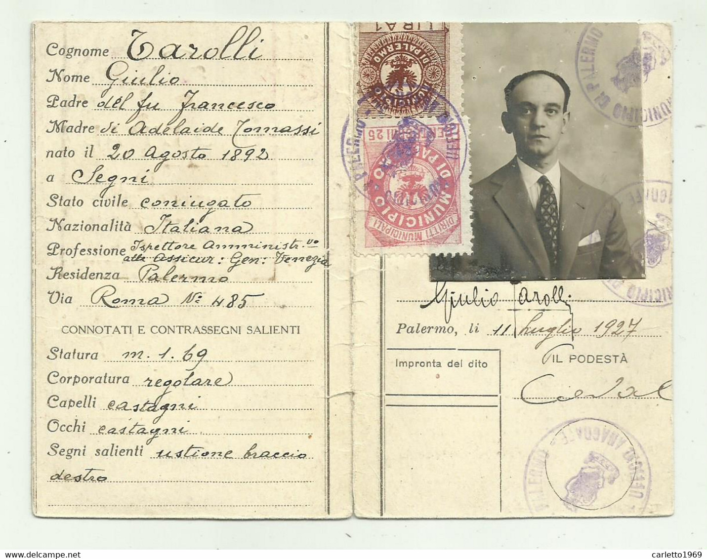 REGNO D'ITALIA COMUNE DI PALERMO - CARTA D'IDENTITA' 1927 - Documents