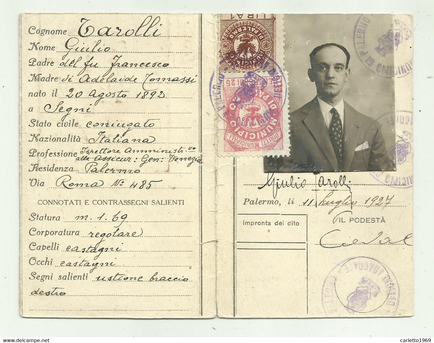 REGNO D'ITALIA COMUNE DI PALERMO - CARTA D'IDENTITA' 1927 - Documenti