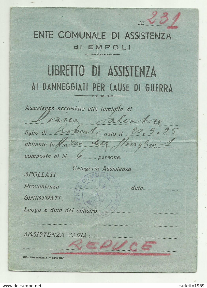 LIBRETTO DI ASSISTENZA AI DANNEGGIATI PER CAUSE DI GUERRA DI EMPOLI - REDUCE 1946 - Documenti