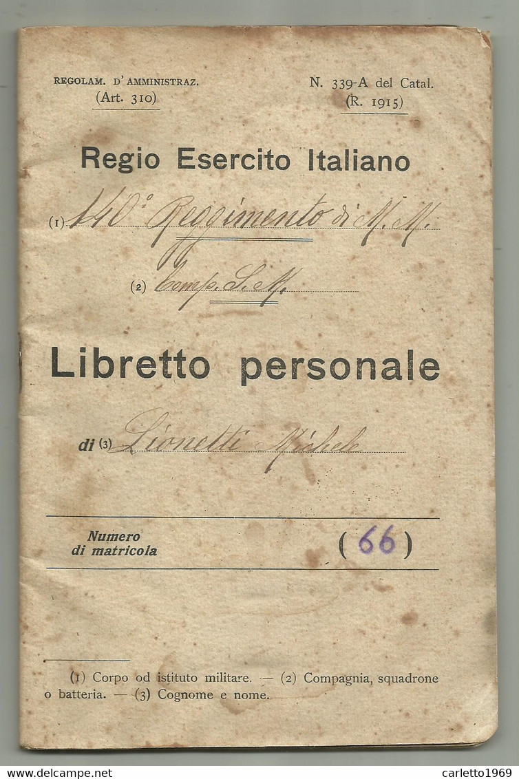REGIO ESERCITO ITALIANO - LIBRETTO PERSONALE 140 REGGIMENTO DI M.M. - Documents