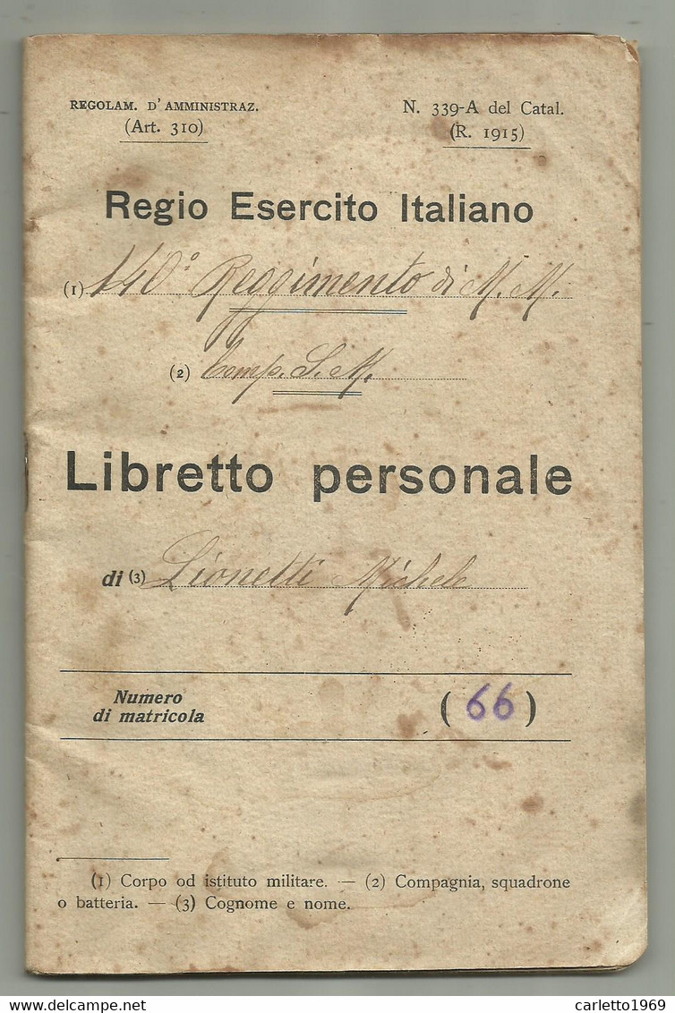 REGIO ESERCITO ITALIANO - LIBRETTO PERSONALE 140 REGGIMENTO DI M.M. - Documenti