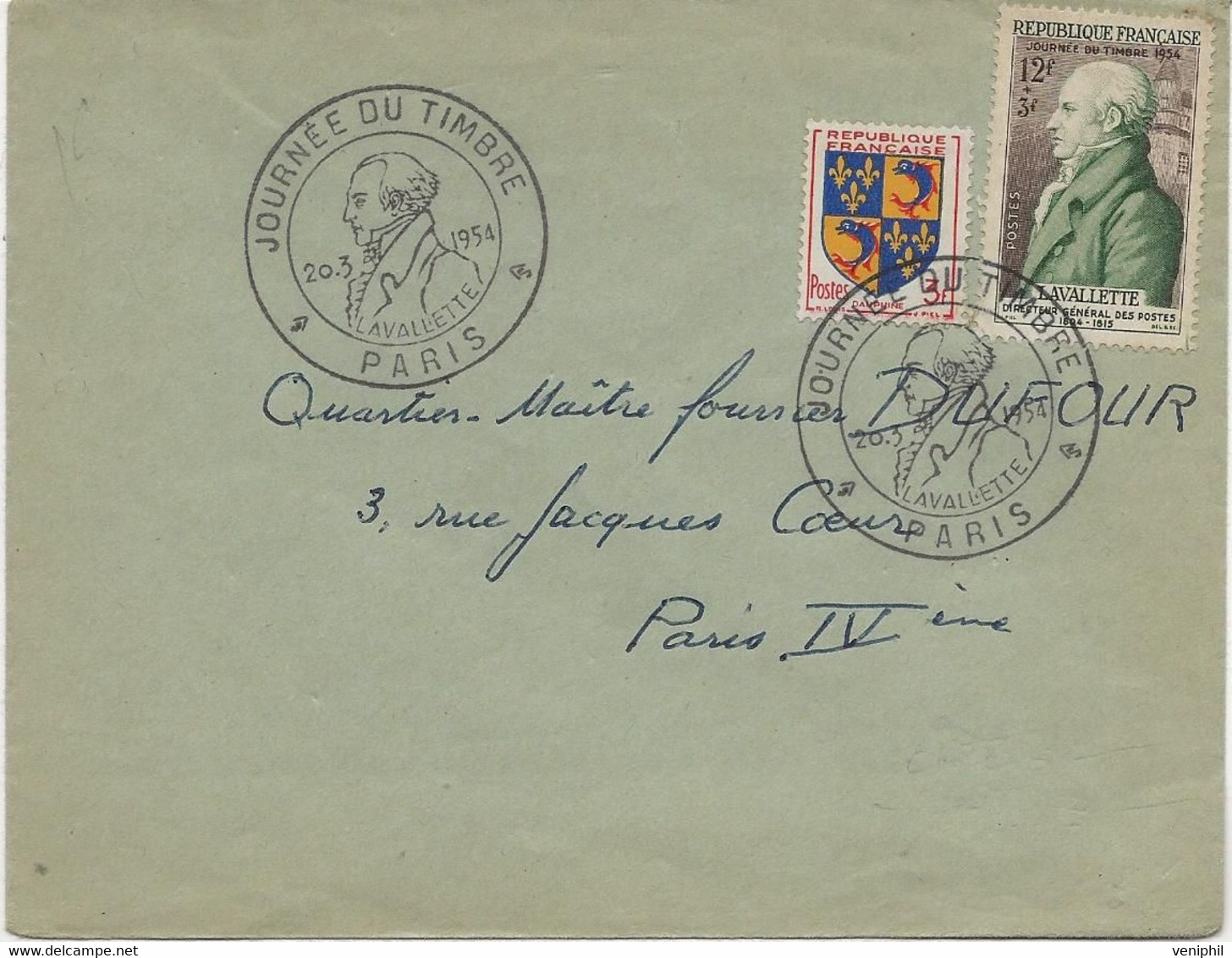 LETTRE AFFRANCHIE N° 954 + N° 969 - CACHET ILLUSTRE -JOURNEE DU TMBRE -PARIS -1954 - Gedenkstempel