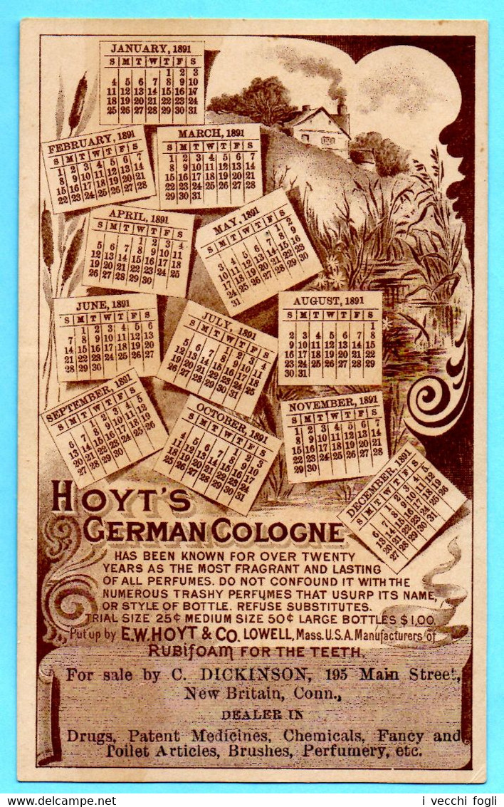 Chromo Trade Card Hoyt's German Cologne. Calendrier Calendar 1891, Année Complète,  Full Year. Fillette, Little Girl. - Petit Format : ...-1900