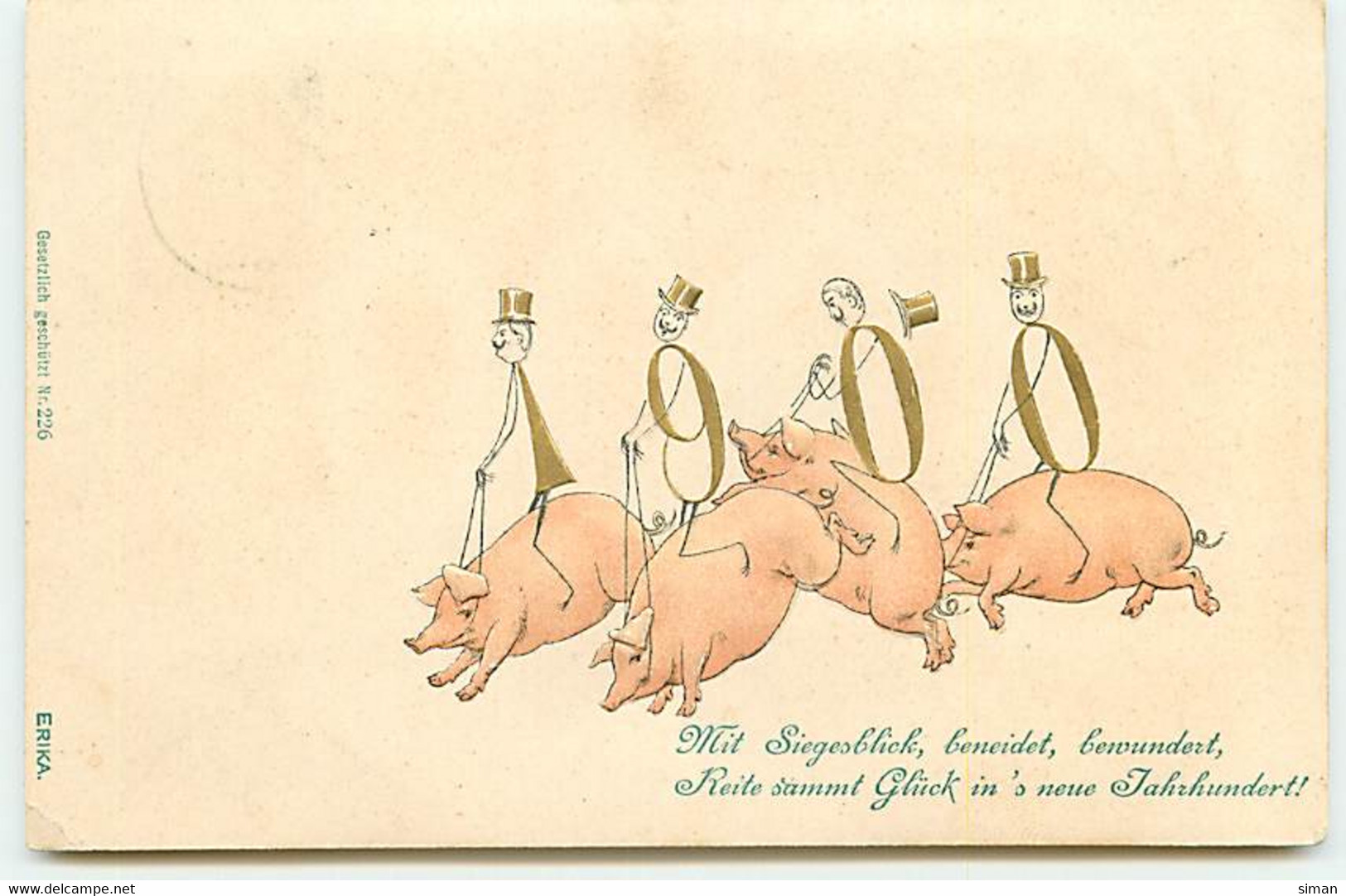 N°18391 - Carte Gaufrée - Cochons, Avec Des Bonhommes Sur Leurs Dos - 1900 - Surréalisme - Nieuwjaar