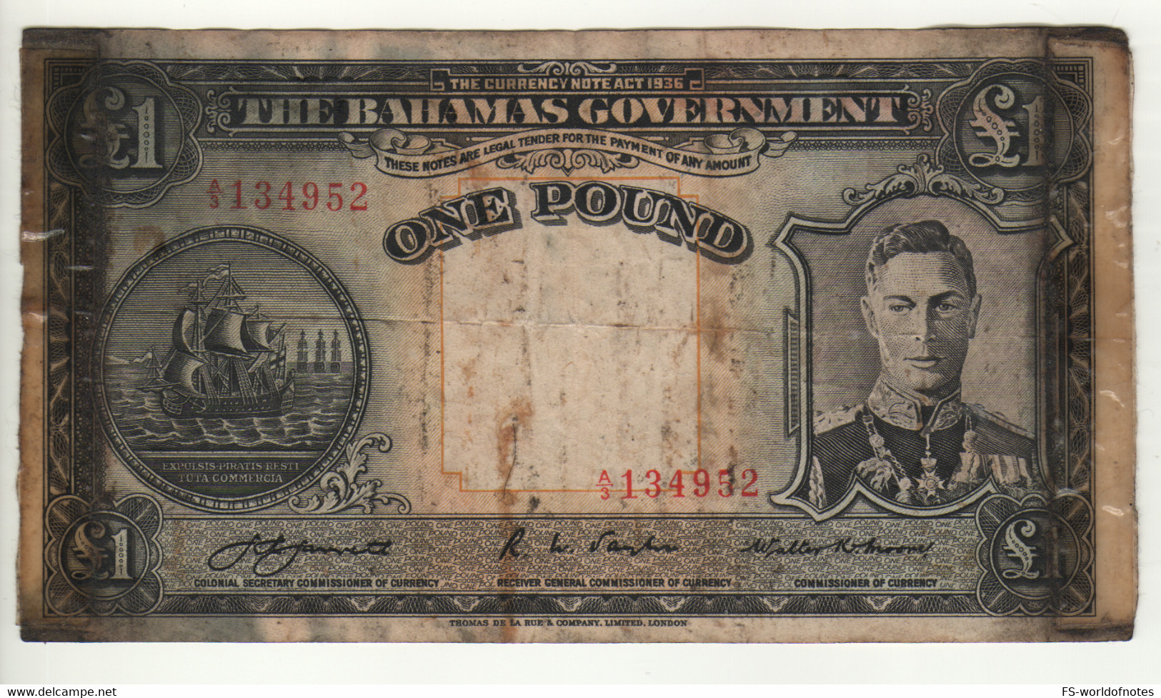 BAHAMAS   1  Pound    P11a   King George VI    (L. 1936...sign. Commissioner Of Currency ) - Bahamas