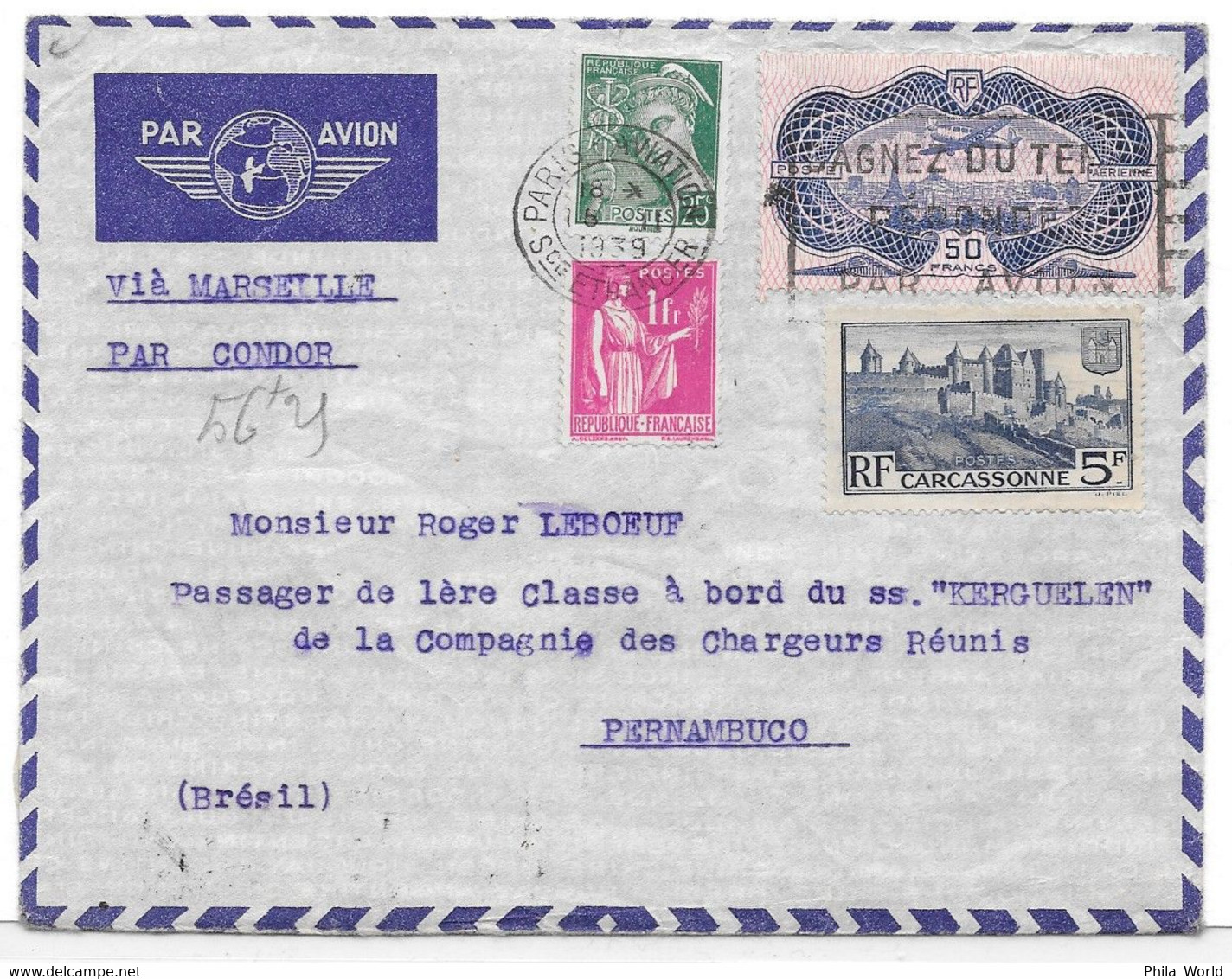 PA 15 BURELE S/Lettre Affranchissement CONFORME Au TARIF 3ème échelon Surtaxe PAR AVION > BRESIL - CONDOR LUFTHANSA 1939 - 1927-1959 Cartas & Documentos