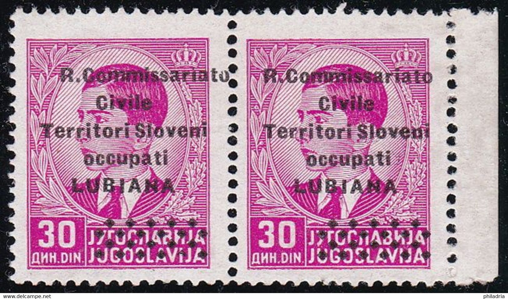 Lubiana, 1941, 30 Din. Pair. Left Stamp First Overprint Row Shifted To The Right (Sass 33s), Slight Gum Adhesion, Signed - Lubiana