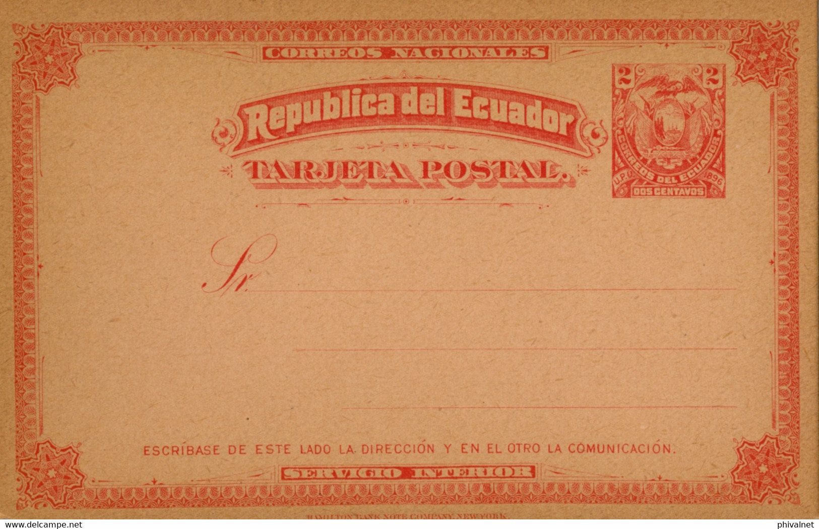 ECUADOR , TARJETA ENTERO POSTAL  , DOS CENTAVOS , SIN CIRCULAR - Ecuador