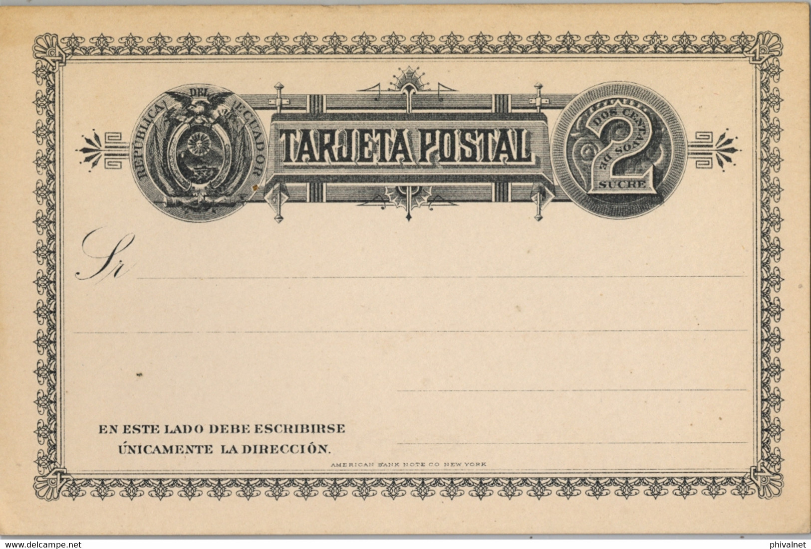 ECUADOR , TARJETA ENTERO POSTAL  , DOS CENTAVOS , SIN CIRCULAR - Ecuador