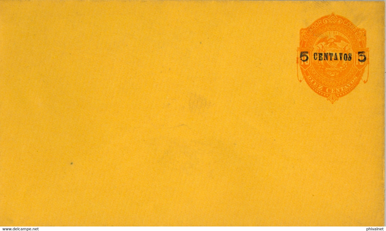 ECUADOR , SOBRE ENTERO POSTAL  , CINCO CENTAVOS SOBRE 10 CTS. SIN CIRCULAR , 140 X 80 , PAPEL AMARILLO , SELLO NARANJA - Ecuador