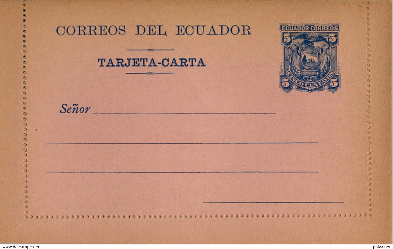 ECUADOR , TARJETA ENTERO POSTAL  , CINCO CENTAVOS , SIN CIRCULAR - Equateur