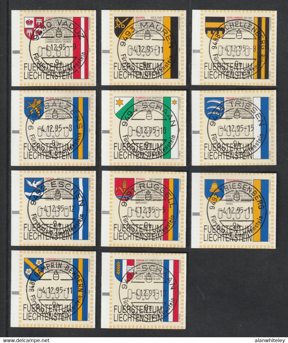 LIECHTENSTEIN 1995 Machine Vended Labels / Commune Arms: Set Of 11 ATM Labels CANCELLED - Macchine Per Obliterare (EMA)