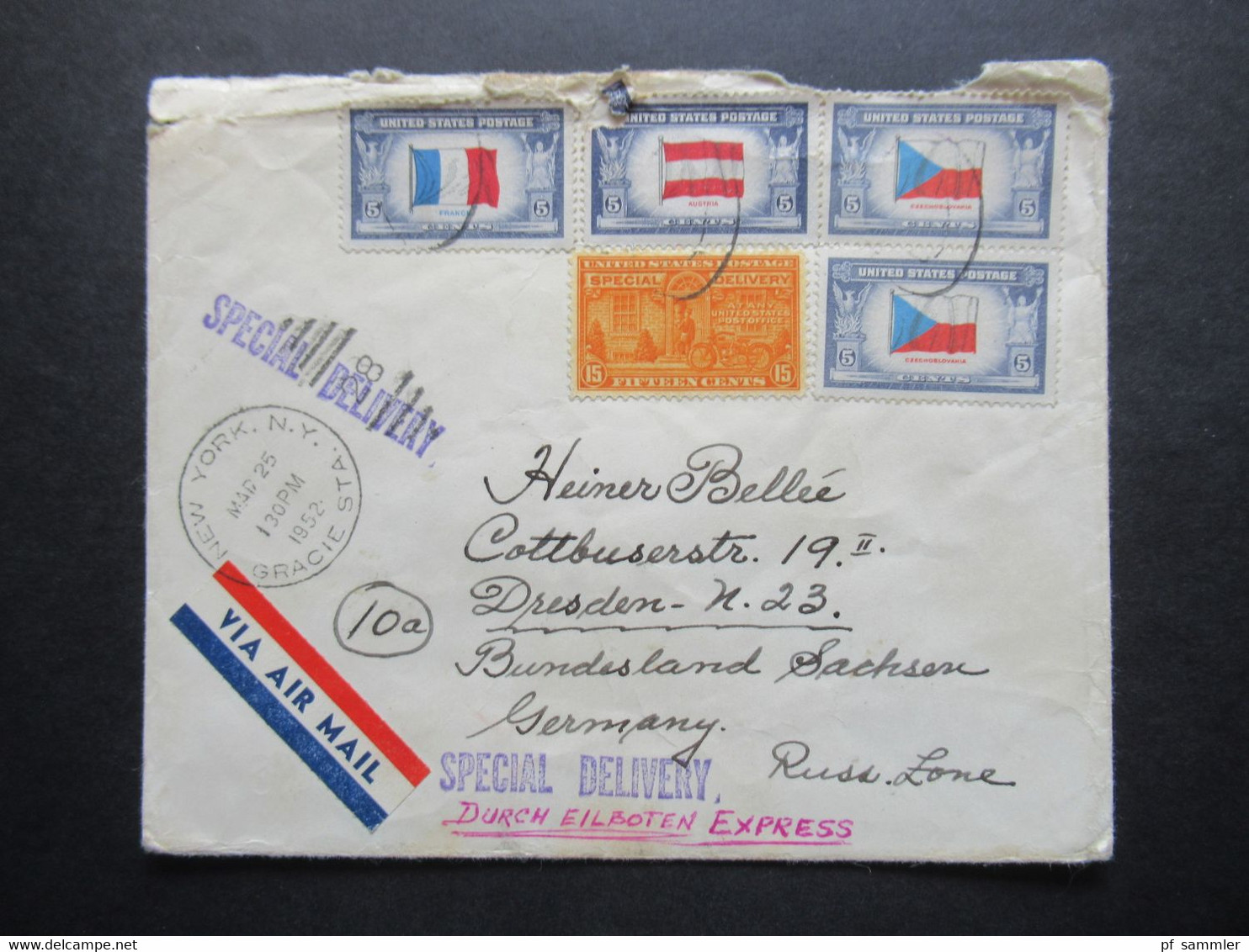 USA 1952 Special Delivery / Durch Eilboten Express Brief Von New York Gracie Sta. Nach Dresden Gesendet Via Air Mail - Brieven En Documenten