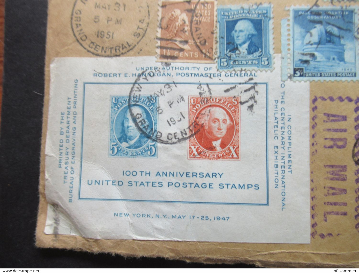 USA 1951 MiF Mit Block 9 100 Jahre USA 1947 Von New York Grand CentrSta. Nach Dresden Gesendet Via Air Mail - Briefe U. Dokumente