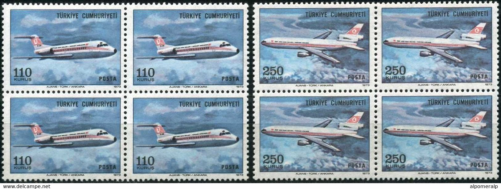 Turkey 1973 Mi 2317-2318 MNH [Block Of 4] Airmail, Air Post | Fokker F-28, Douglas DC-10 | Aircraft | Airlines, Aviation - Poste Aérienne