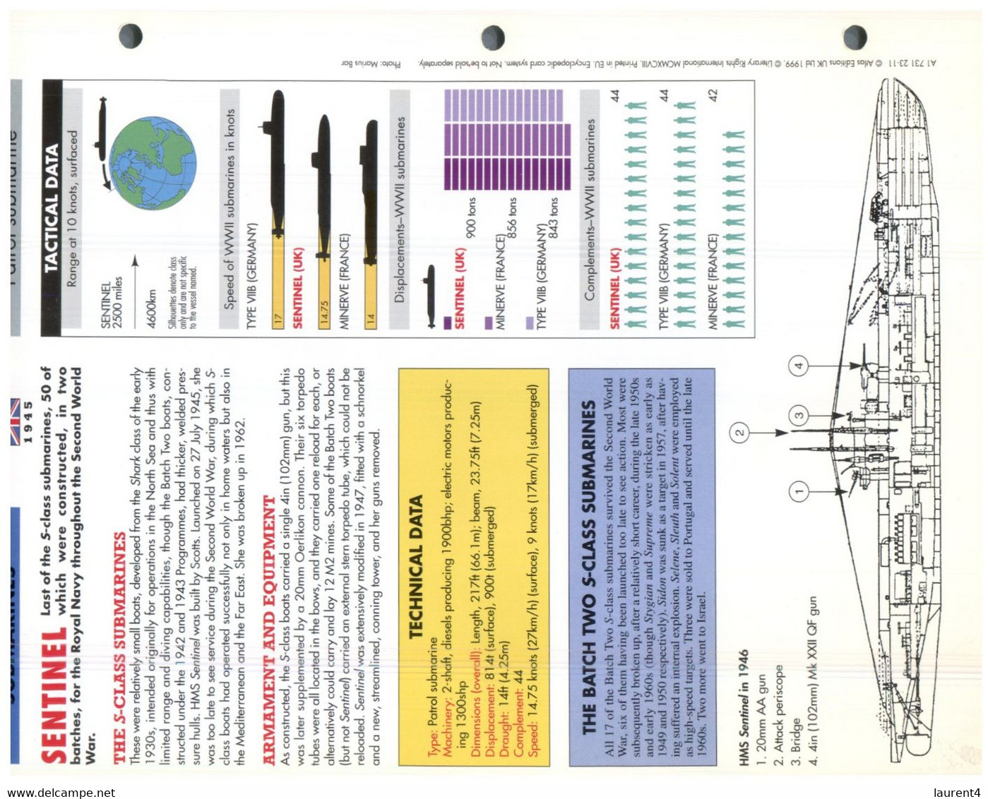 (25 X 19 Cm) (8-9-2021) - T - Photo And Info Sheet On Warship - UK Navy - HMS Sentinel Submarine - Bateaux