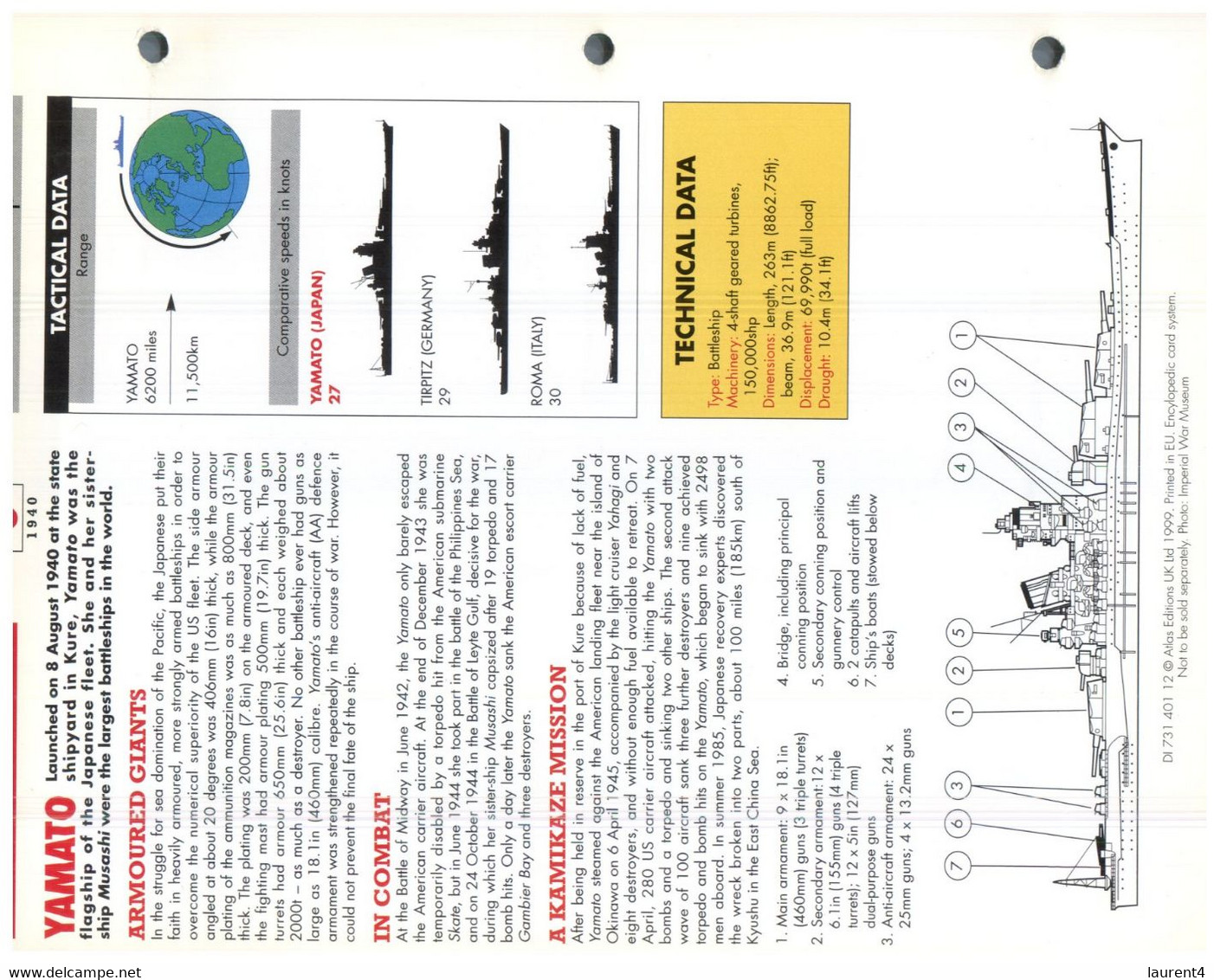 (25 X 19 Cm) (8-9-2021) - T - Photo And Info Sheet On Warship - Japan Navy - Yamoto - Bateaux