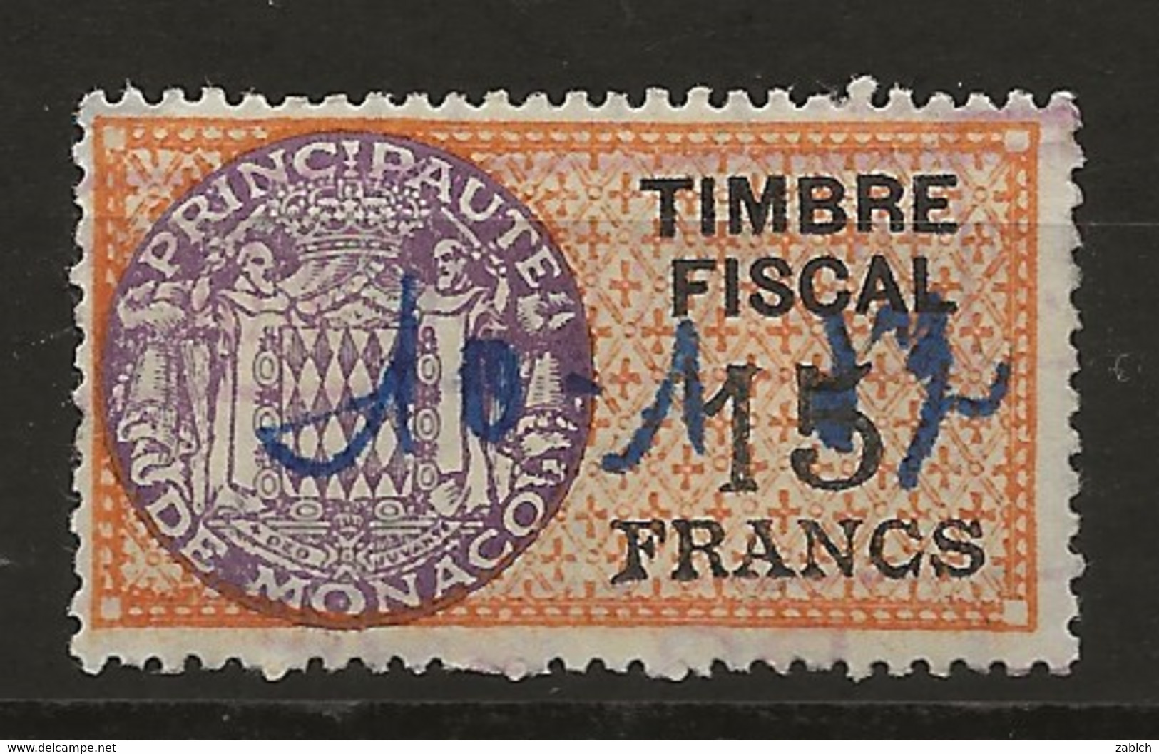 TIMBRES FISCAUX DE MONACO SERIE UNIFIEE  De 1949   N°7  15 Francs Vert Oblitéré - Fiscale Zegels