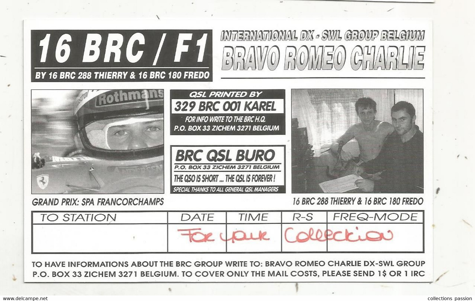 Carte QSL , Bravo Romeo Charlie ,division : Belgium , Automobiles , F1 , Grand Prix De SPA-FRANCORCHAMPS , 2 Scans - Radio Amatoriale