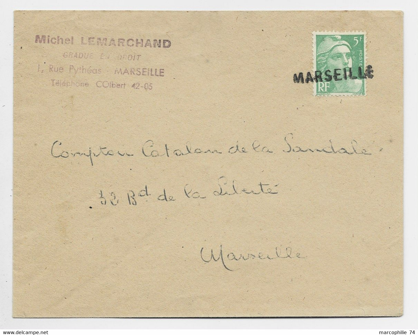 GANDON 5FR VERT SEUL LETTRE ANNULATION EN ARRIVEE GRIFFE MARSEILLE - 1945-54 Marianna Di Gandon