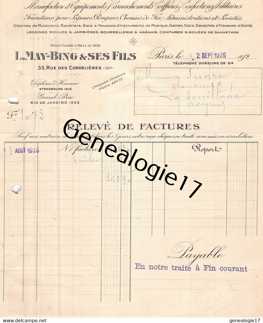 75 25725 PARIS SEINE 1925 Confection Militaire L. MAY - BING ET SES FILS Coiffure Harnachement Rue Des Cordelieres - Uniformes
