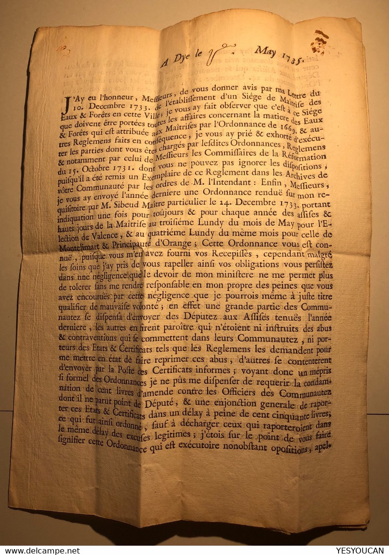 “CREST” Manuscrit Lettre TEXTE EAUX ET FORÊTS 1735>Taulignan Par Montelimar (France 25 Drome - 1701-1800: Vorläufer XVIII