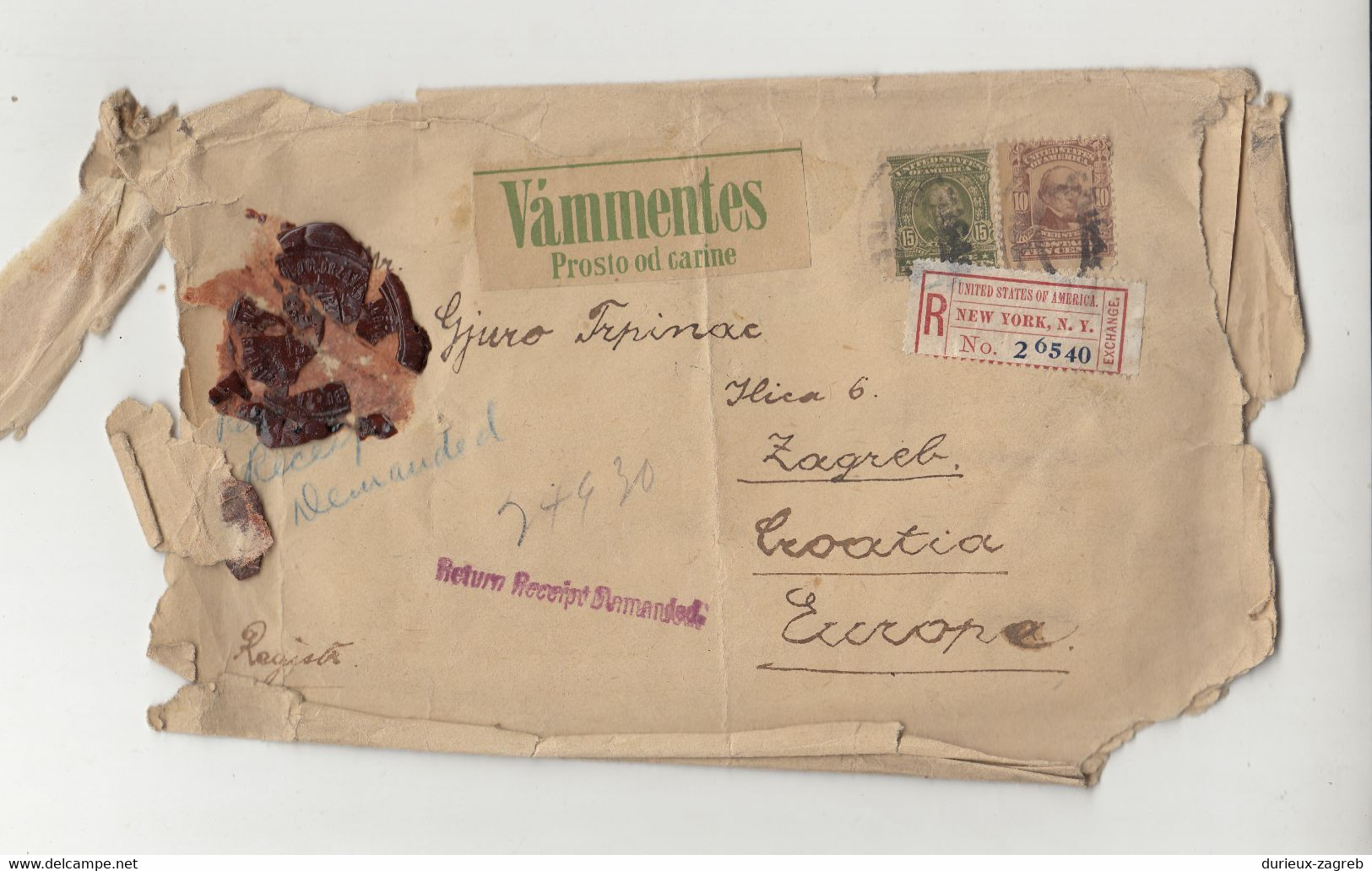 Vámmentes - Prosto Od Carine Sticker On Letter Cover Posted Registered 1908 NY To Zagreb, Croatia B210901 - Cartas & Documentos