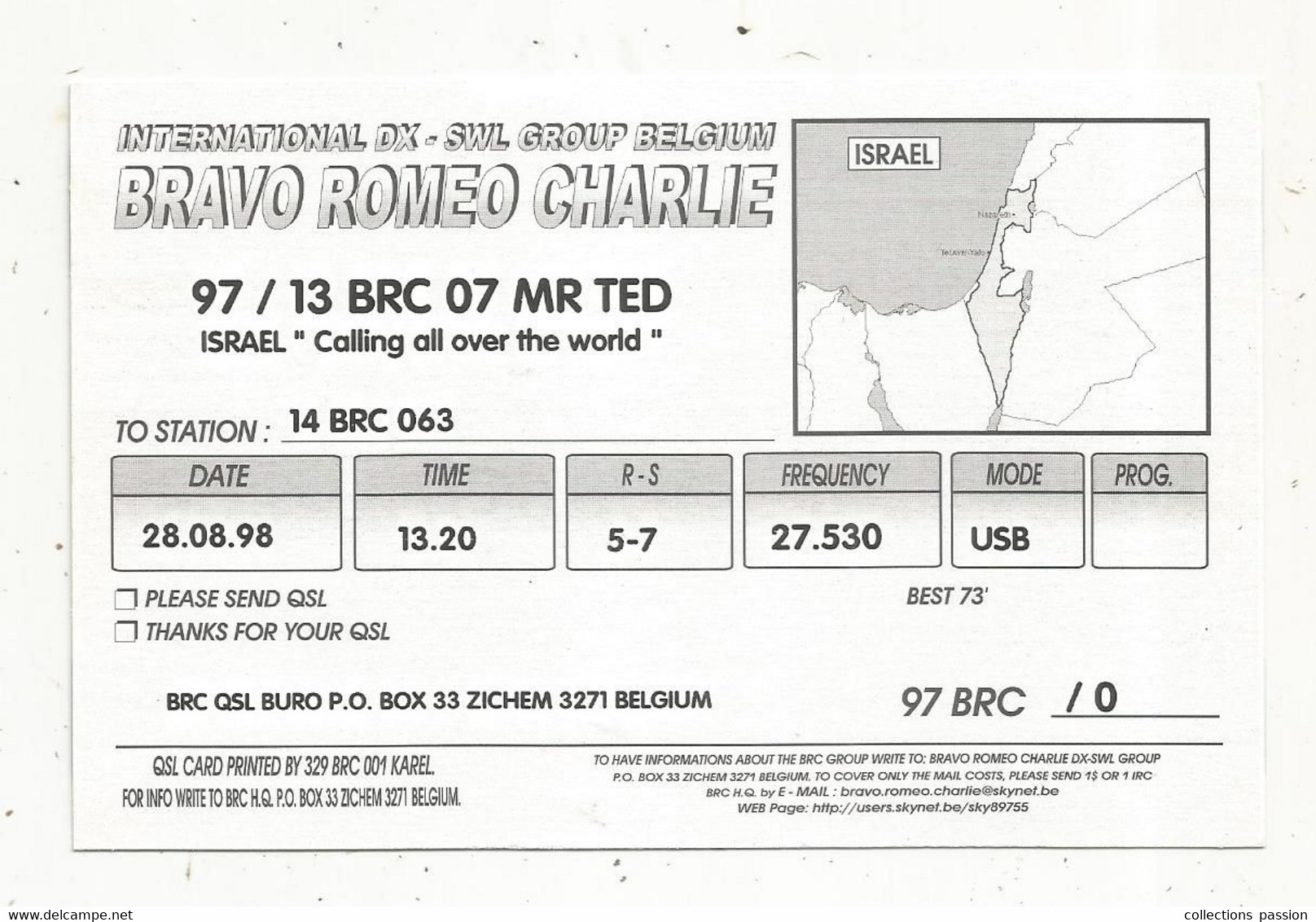 Carte QSL , Bravo Romeo Charlie , Division : ISRAEL , 2 Scans - Radio Amateur