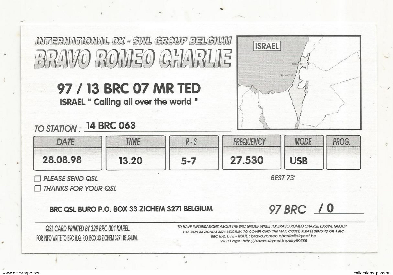 Carte QSL , Bravo Romeo Charlie , Division : ISRAEL , 2 Scans - Radio Amatoriale